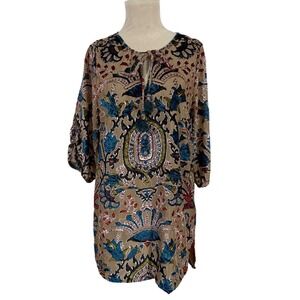 Whispers Women's M Tunic Boho Top Beige Velvet Paisley Print 3/4 Sleeve Tie Neck